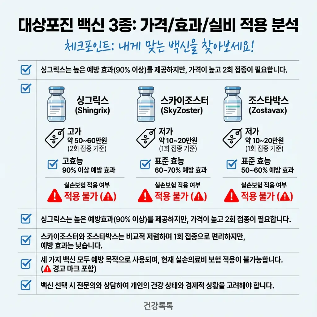 대상포진 백신 3종 싱그릭스 스카이조스터 조스타박스 가격 효과 실비보험 적용 분석 비교