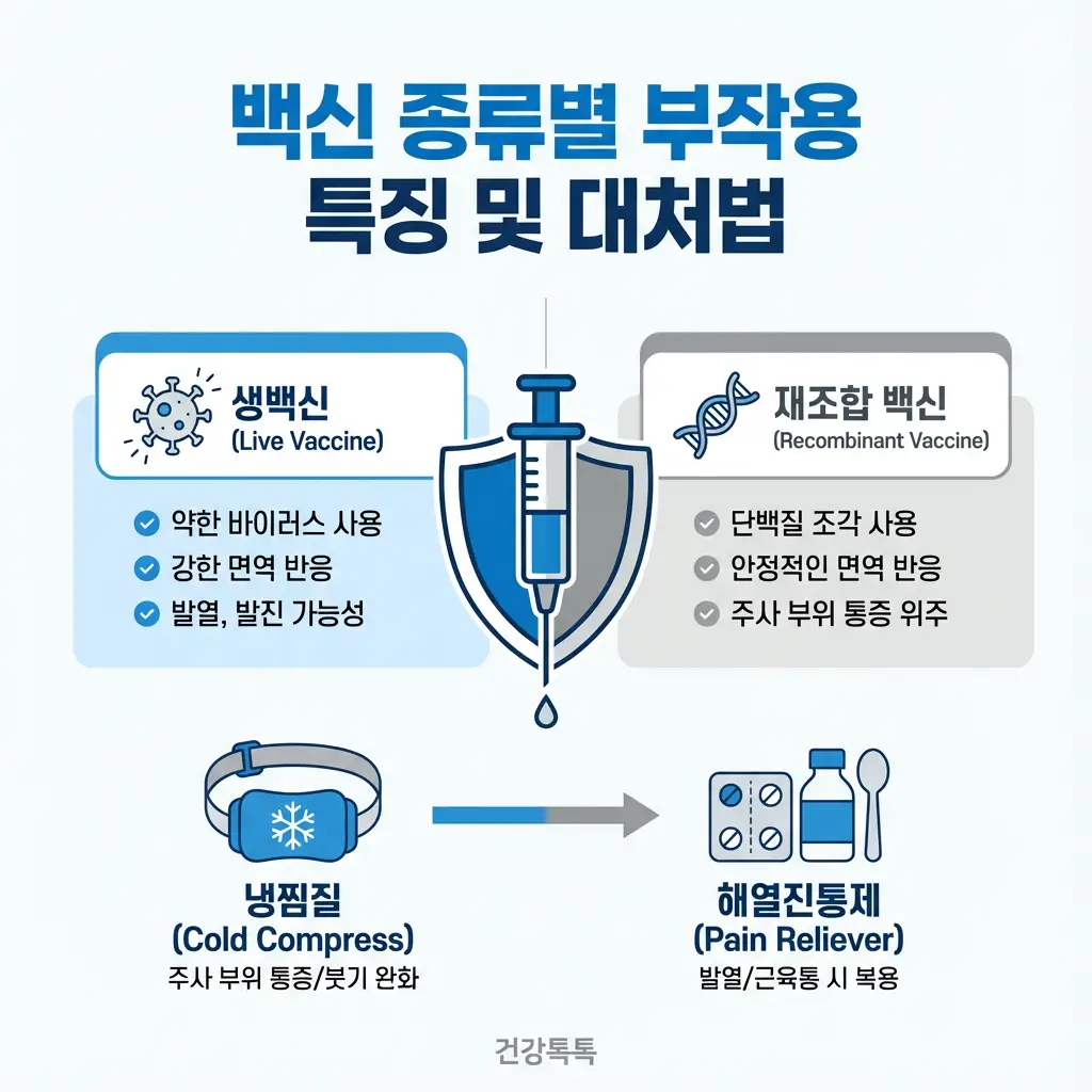 백신 종류별 부작용 특징 생백신 재조합 백신 비교 발열 통증 대처법 해열진통제 냉찜질 꿀팁
