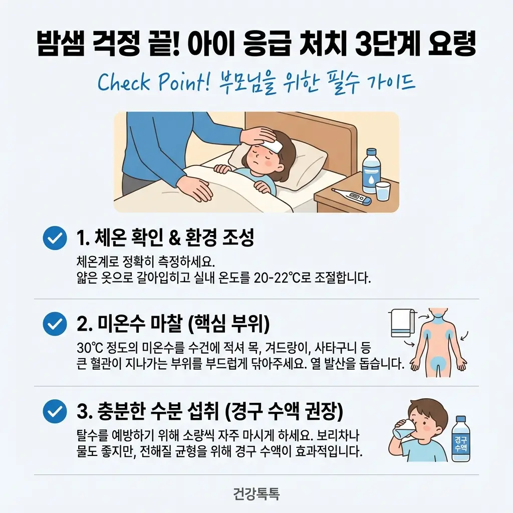 아이 응급 처치 3단계 요령 소아 발열 열 내리는 법 미온수 마찰 경구 수액 환경 조성 부모님 꿀팁