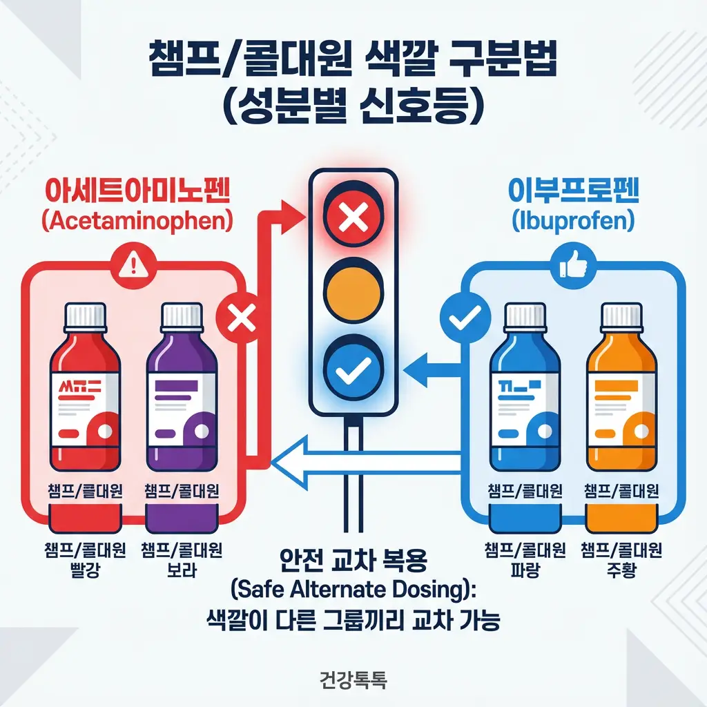 챔프 콜대원 색깔 구분법 해열제 교차 복용 원리 아세트아미노펜 이부프로펜 안전 복용 꿀팁
