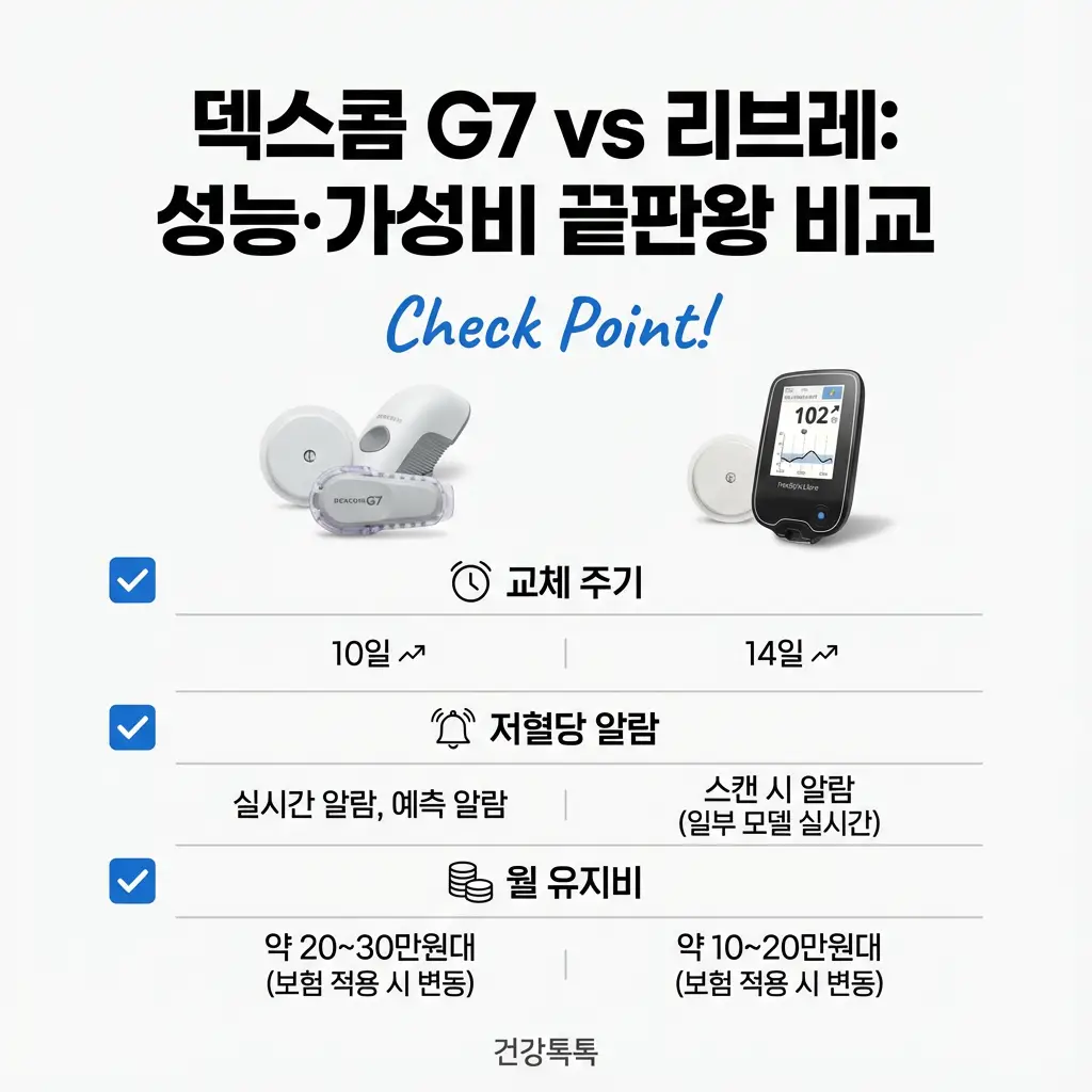 덱스콤 G7 리브레 CGM 연속 혈당 측정기 성능 가성비 비교 교체 주기 저혈당 알람 월 유지비 분석
