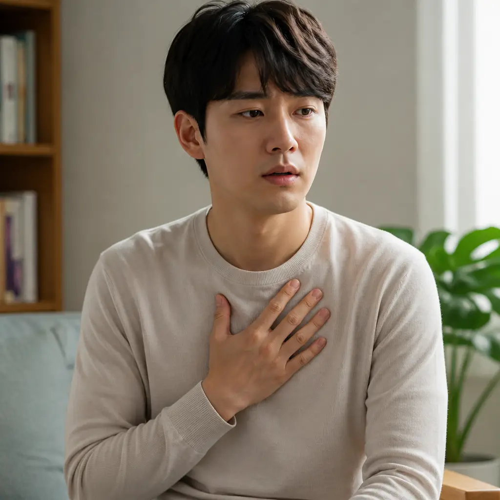 가슴 답답 자가 점검 가슴에 손을 얹고 호흡을 가다듬는 모습