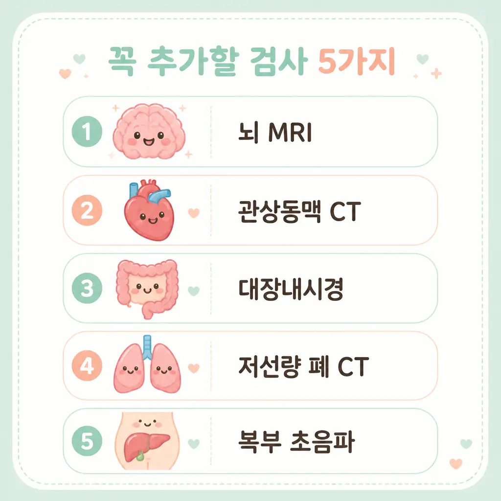 건강검진 꼭 추가할 검사 5가지 뇌 MRI 관상동맥 CT 대장내시경 폐 CT 초음파