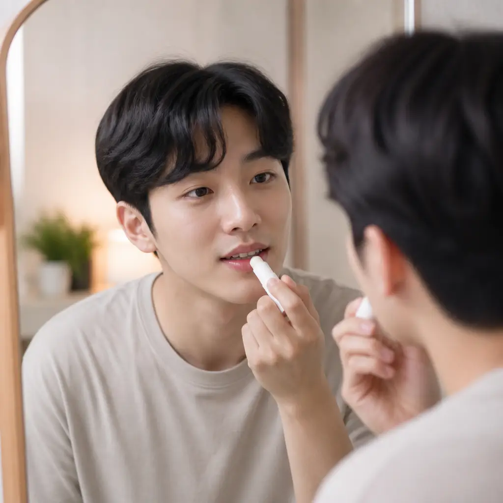 입꼬리에 립밤을 바르는 모습