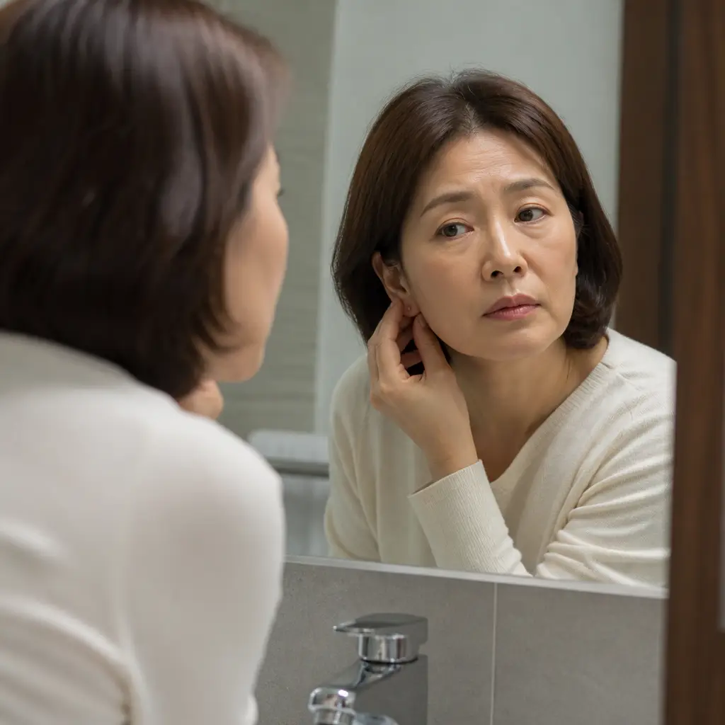 귓불 주름 자가 점검 거울로 귓불 주름을 확인하는 모습