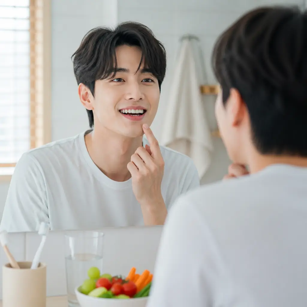 입안염증 자가 점검 거울로 입안염증을 점검하는 모습