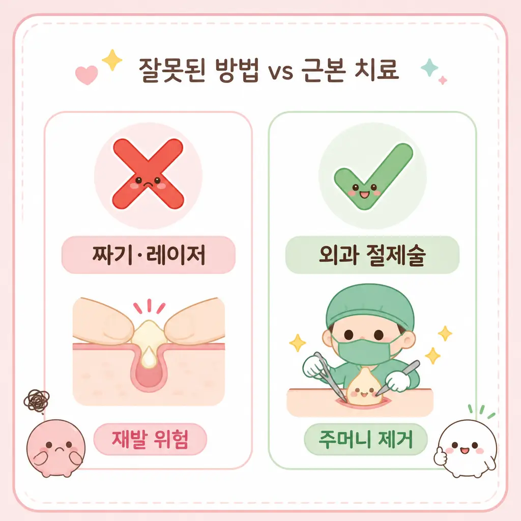 잘못된 방법과 근본 치료 비교 외과 절제술