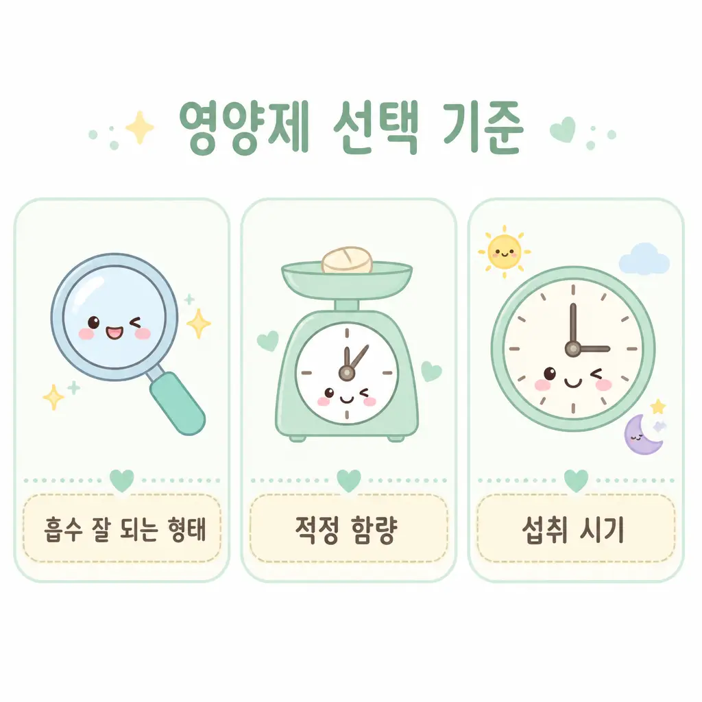 50대 영양제 선택 기준 흡수 형태 적정 함량 섭취 시기