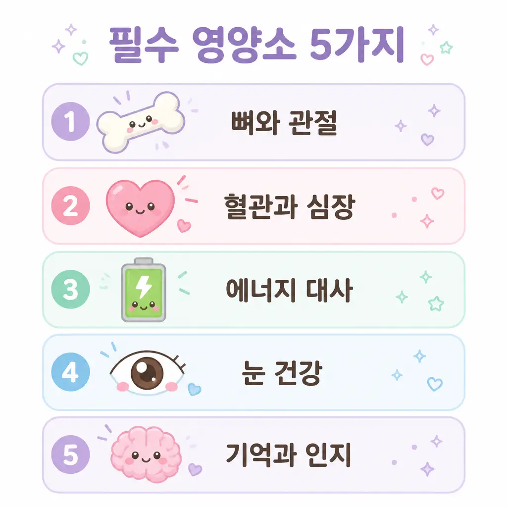 50대 영양제 필수 영양소 5가지 뼈 혈관 에너지 눈 인지