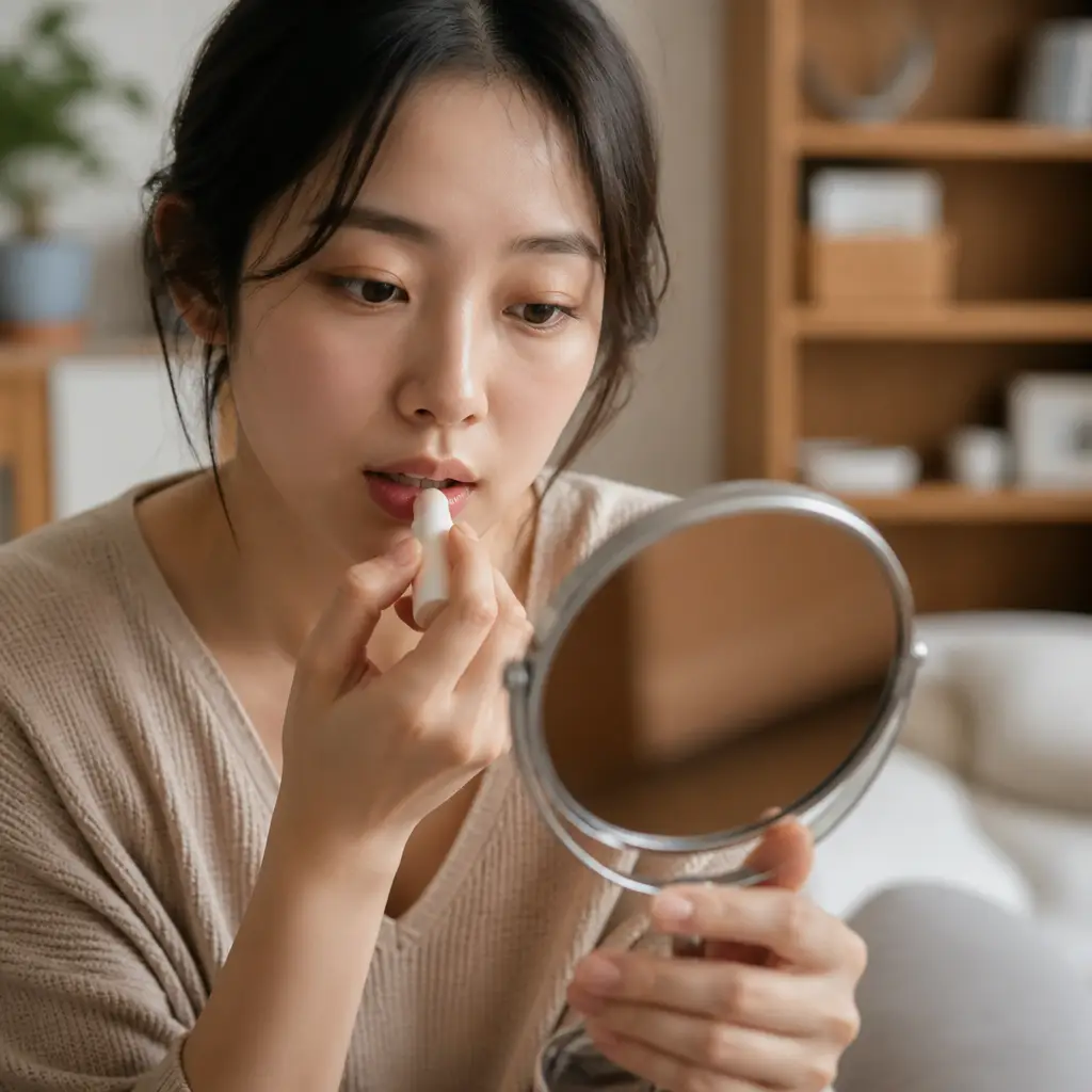 거울을 보며 입술에 립밤을 바르는 모습