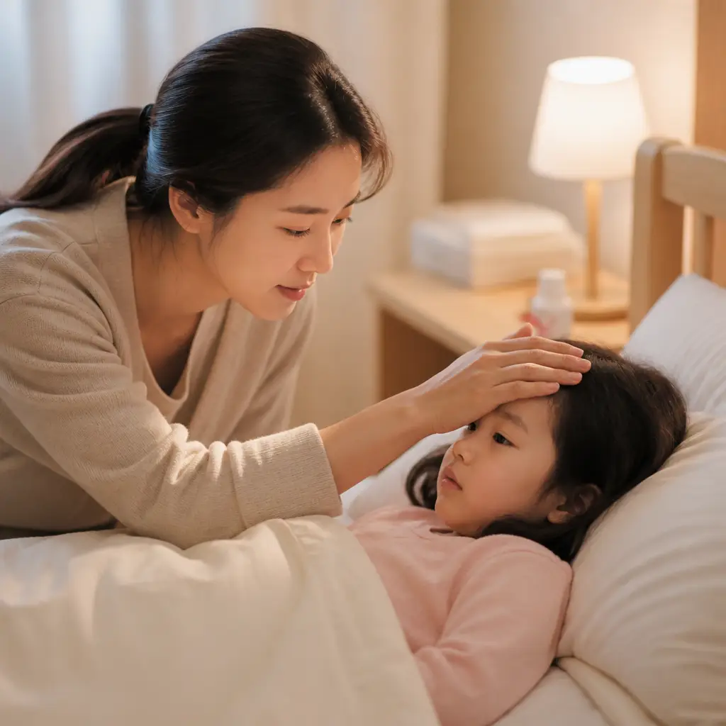 아픈 아이의 이마를 짚으며 간호하는 부모