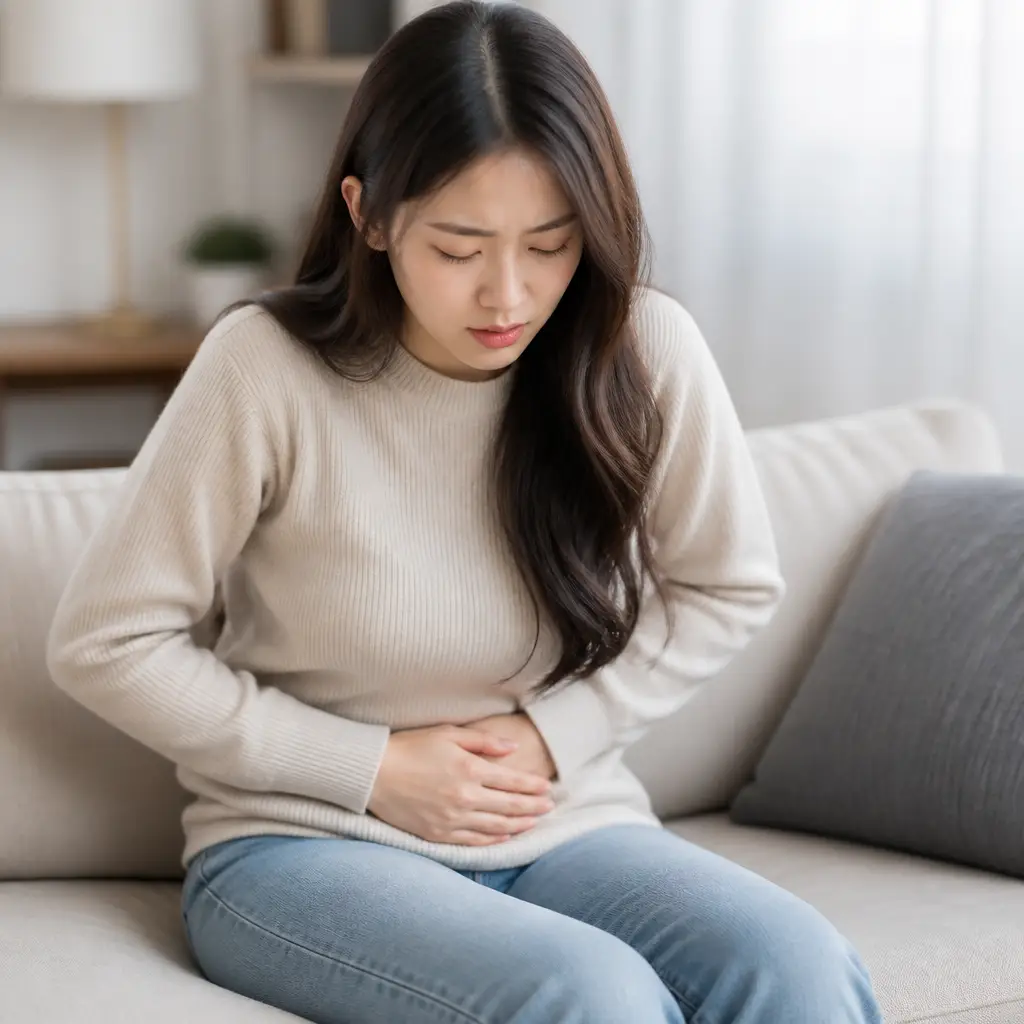 아랫배 통증 오른쪽 아랫배 통증으로 배를 누르는 모습