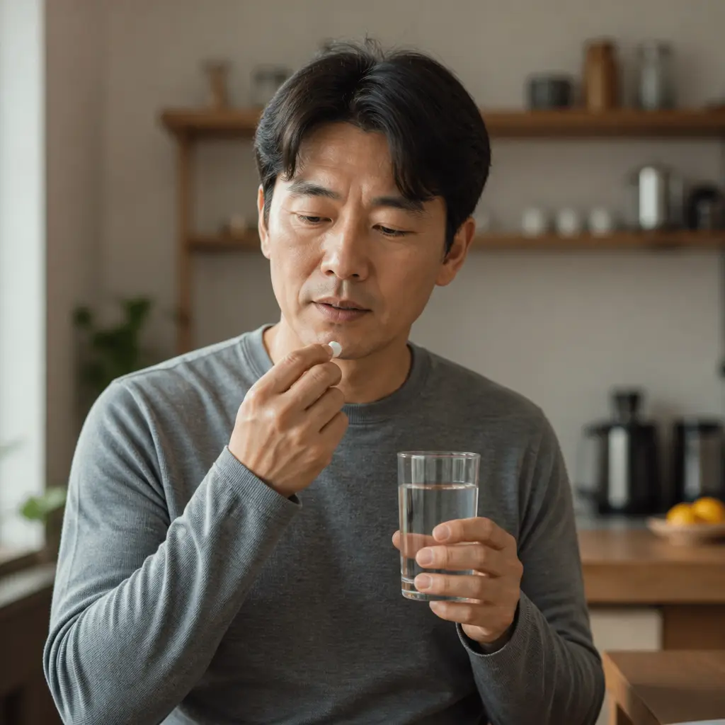 물과 함께 역류성식도염약을 복용하는 모습