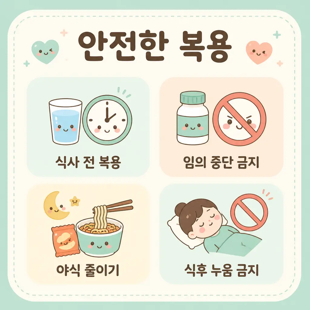 역류성식도염약 안전한 복용 식사 전 임의 중단 금지 야식 줄이기