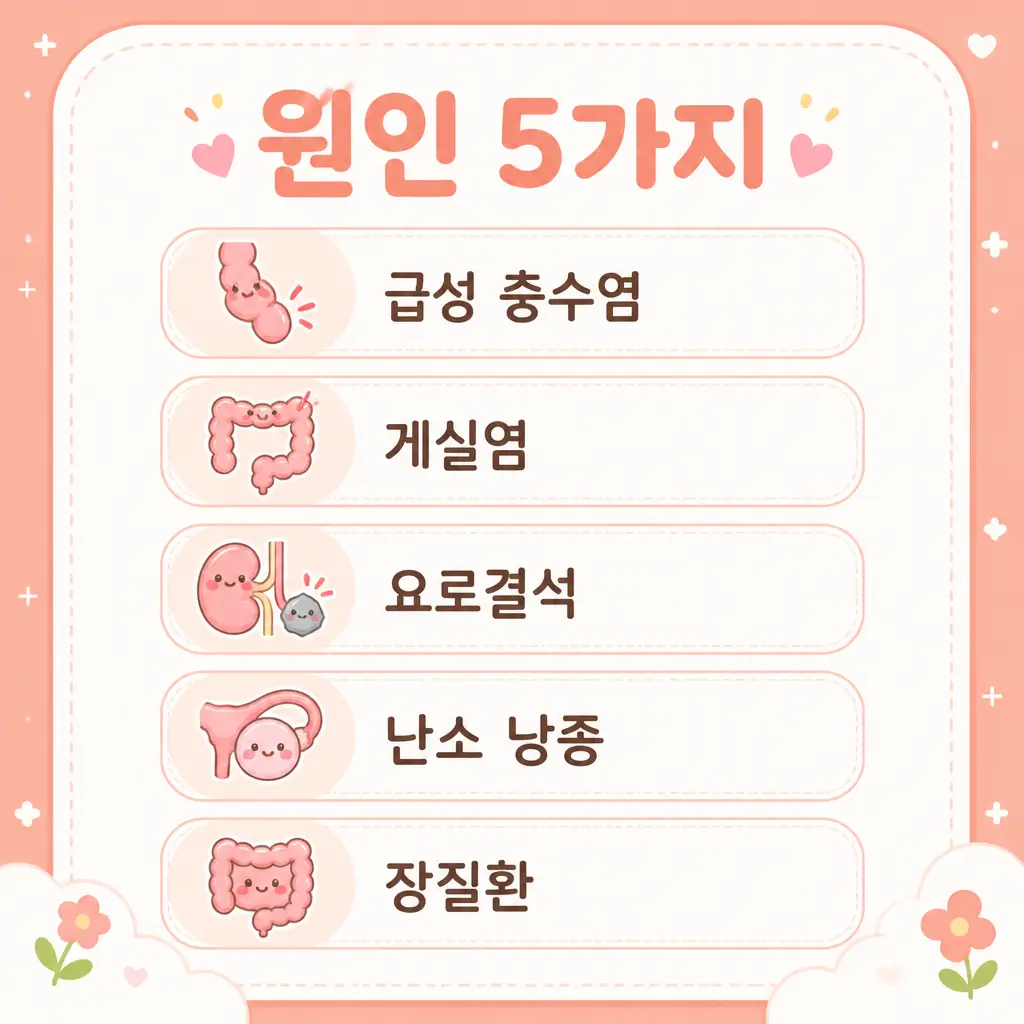 오른쪽 아랫배 통증 원인 오른쪽 아랫배 통증 원인 5가지 충수염 게실염 요로결석 난소낭종 장질환