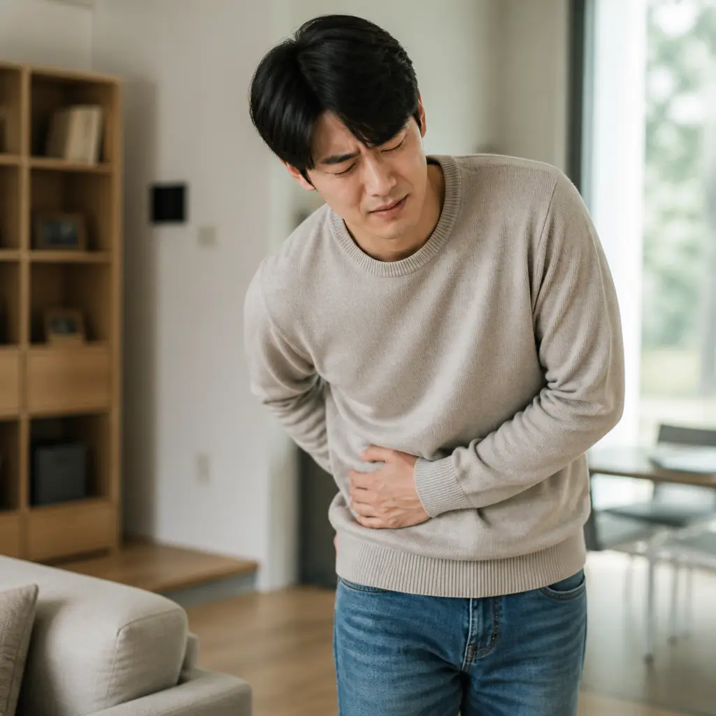 오른쪽옆구리통증 자가 점검 오른쪽 옆구리를 짚으며 통증을 느끼는 모습