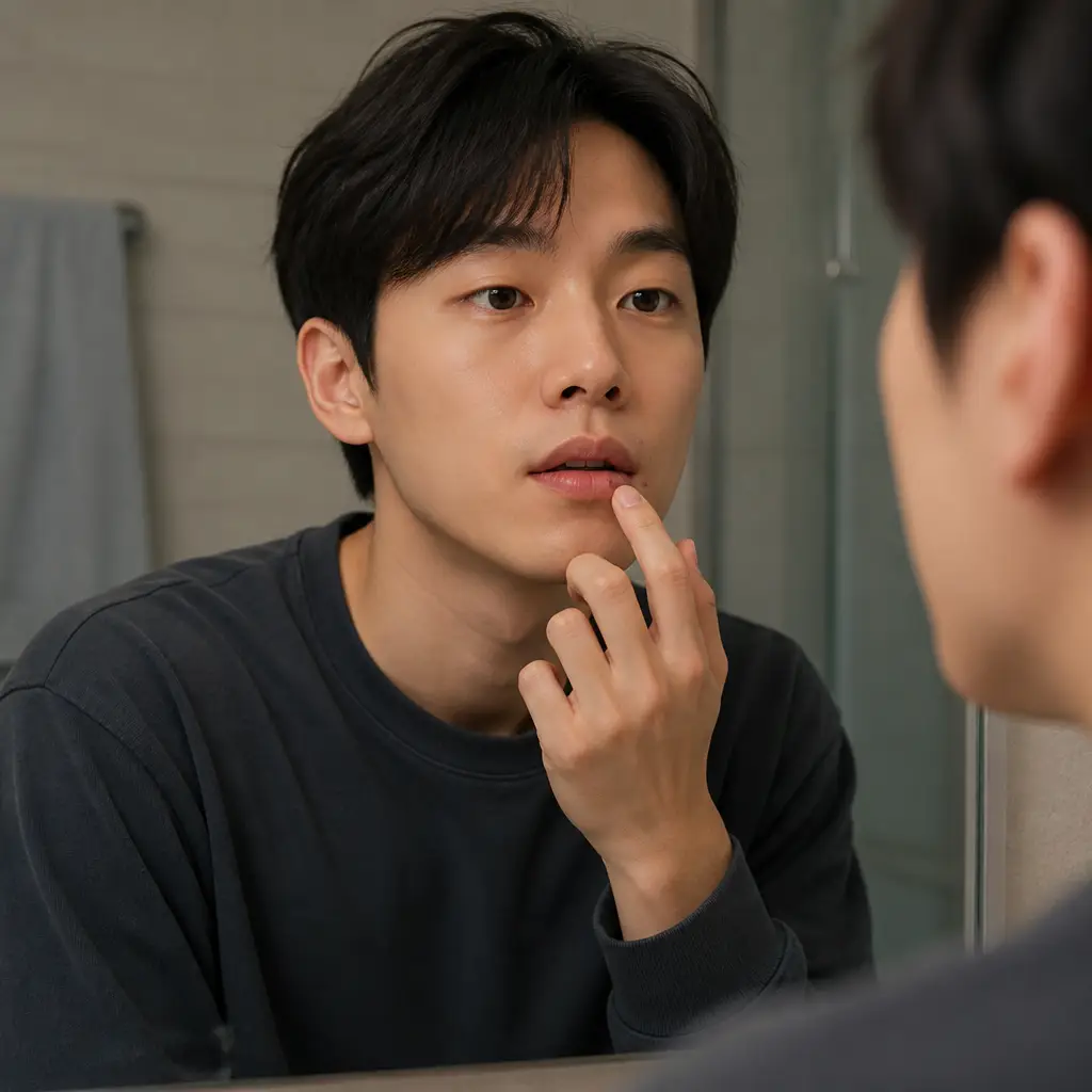 거울을 보며 입술에 연고를 바르는 모습