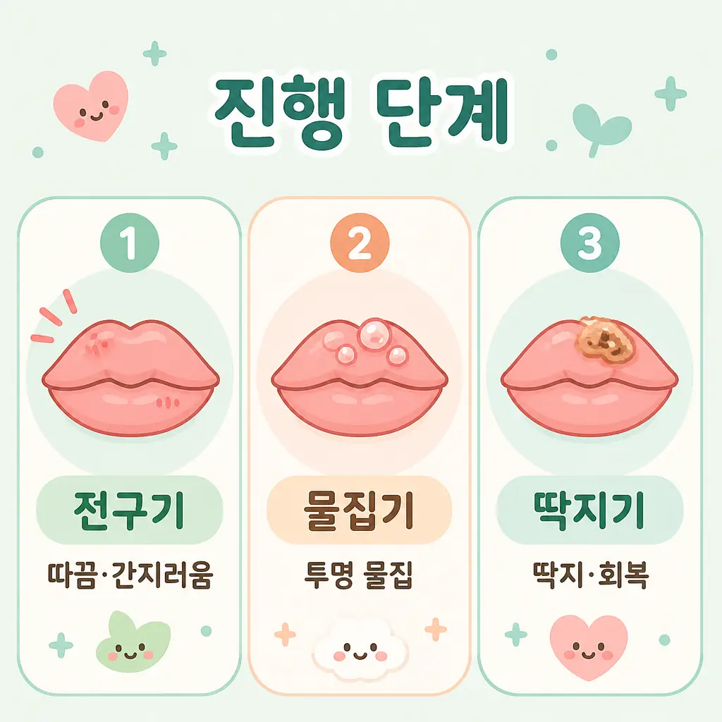 입술포진 진행 단계 전구기 물집기 딱지기