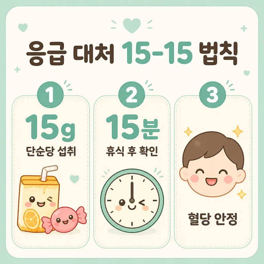 저혈당 15-15 법칙 저혈당 응급 대처 15-15 법칙 단순당 15g 15분 휴식