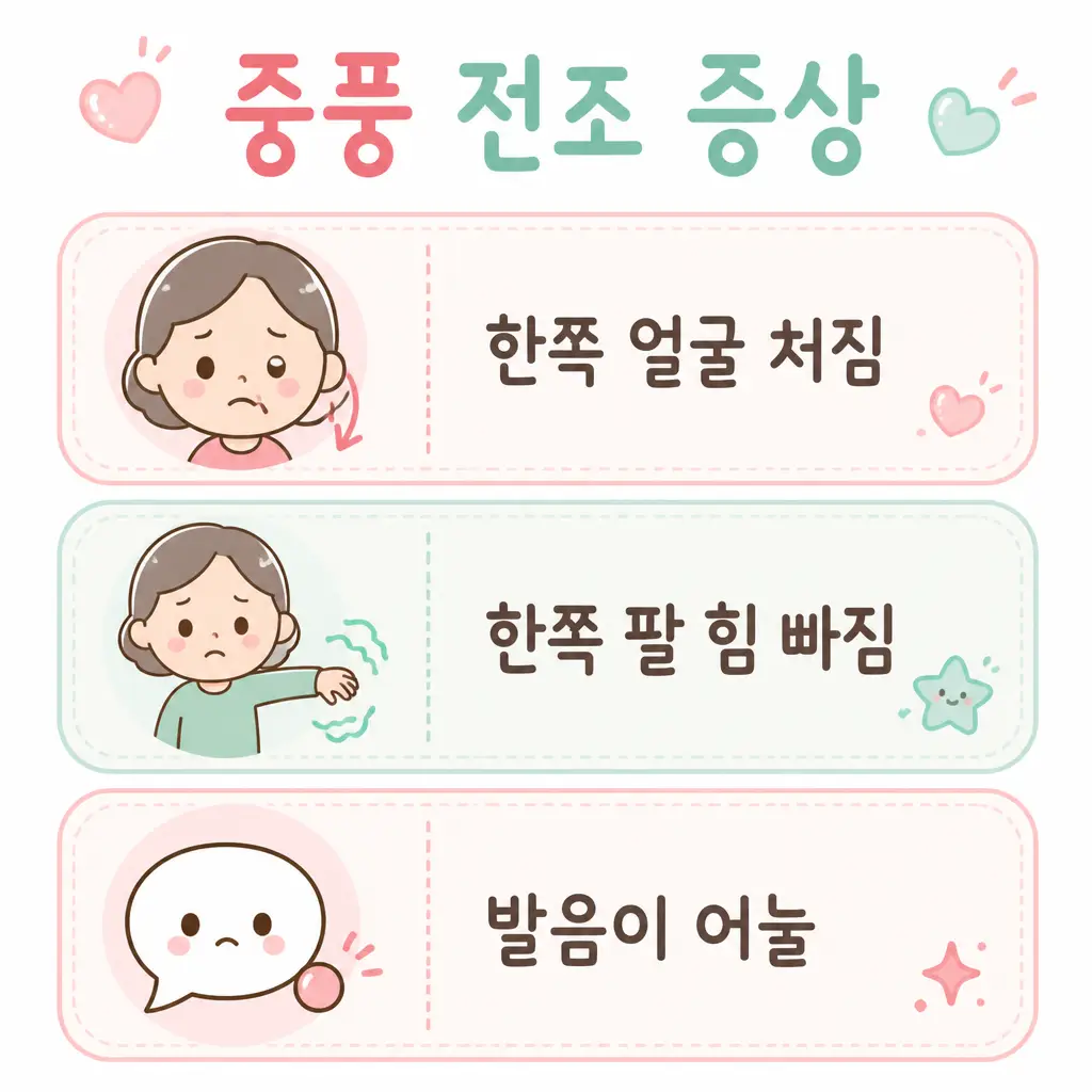 중풍 전조 증상 한쪽 얼굴 처짐 팔 힘 빠짐 발음 어눌