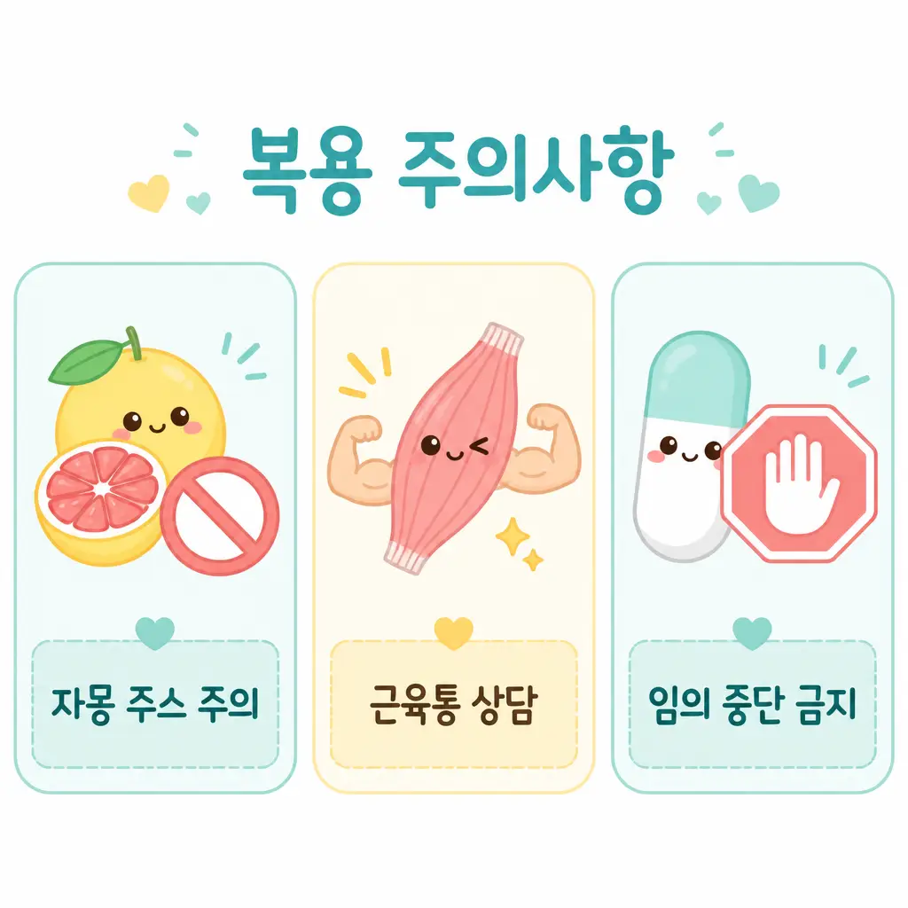 콜레스테롤약 복용 주의사항 콜레스테롤약 복용 주의사항 자몽 주스 근육통 임의 중단 금지