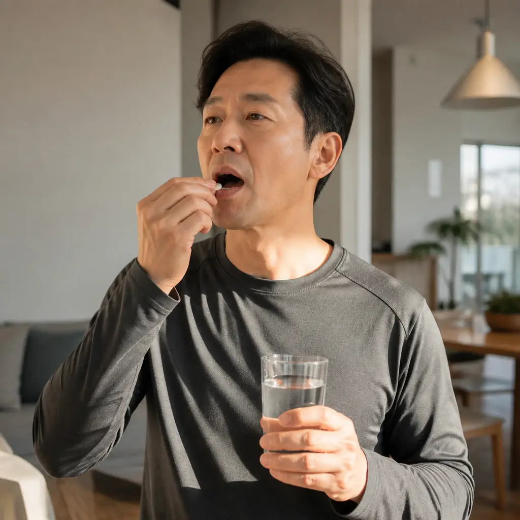 콜레스테롤약 복용 집에서 물과 함께 콜레스테롤약을 복용하는 모습