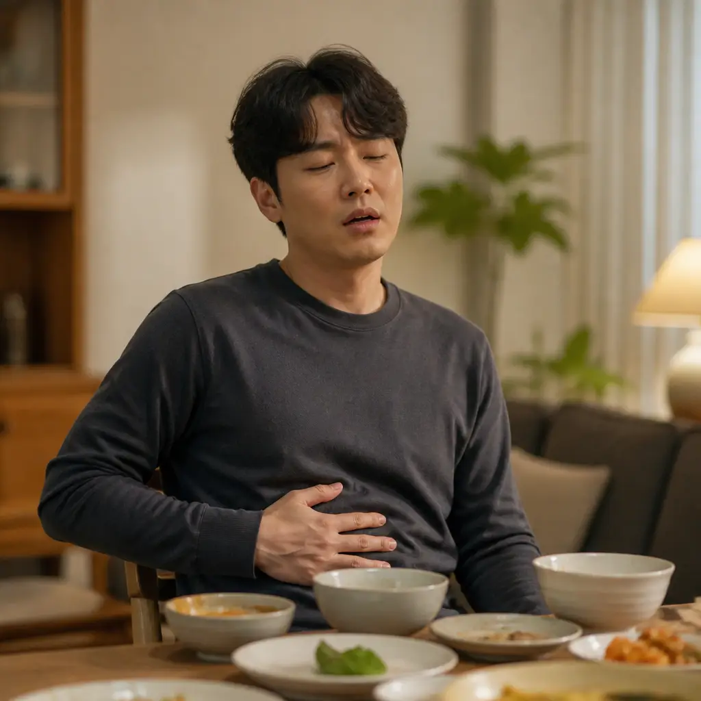 식후 상복부 불편으로 트림이 나오는 모습