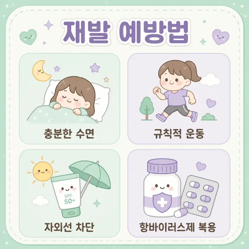 헤르페스 재발 예방법 헤르페스 재발 예방법 충분한 수면 규칙적 운동 자외선 차단 항바이러스제