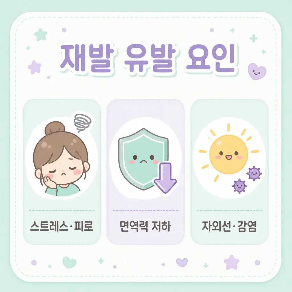 헤르페스 재발 유발 요인 헤르페스 재발 유발 요인 스트레스 피로 면역력 저하 자외선