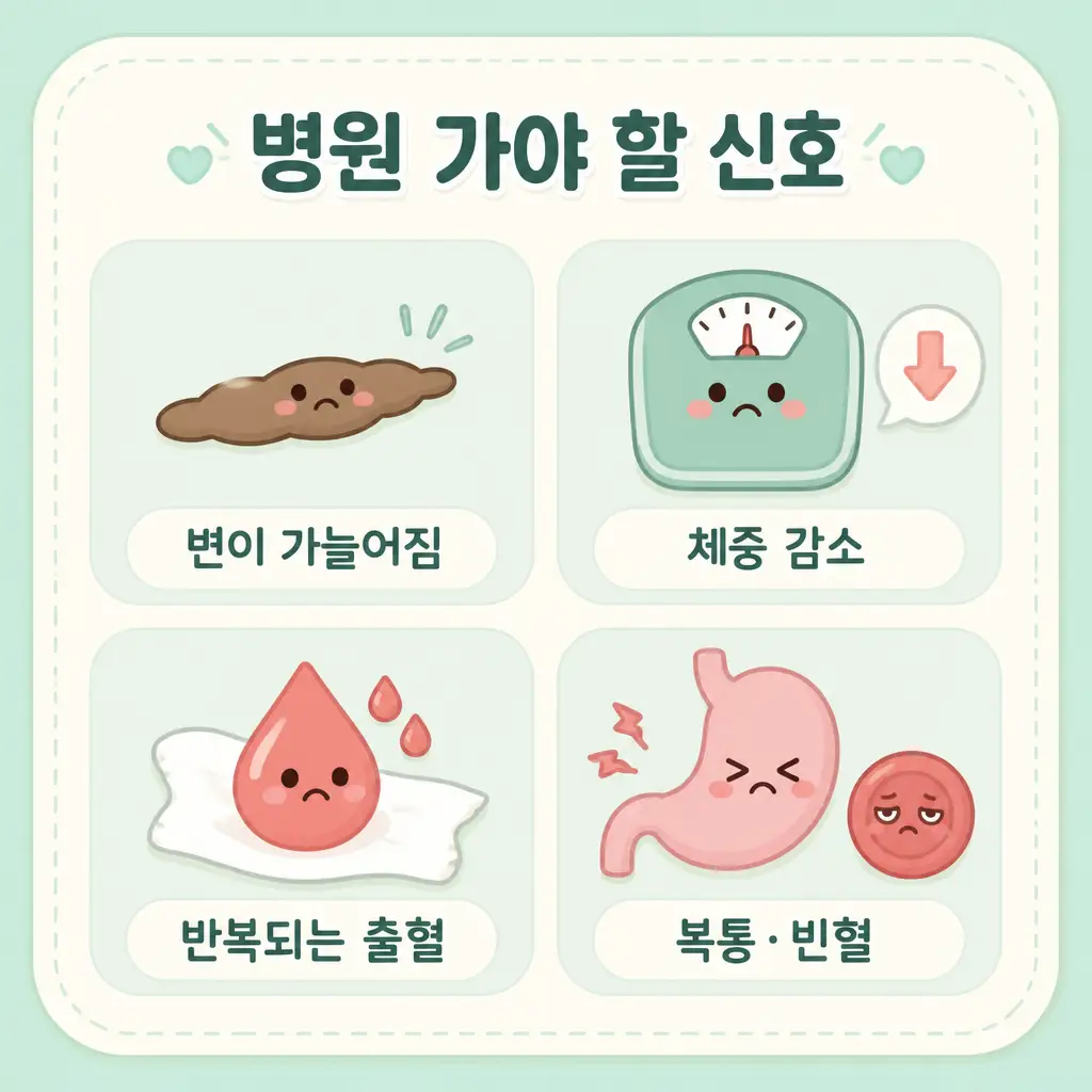 혈변 병원 가야 할 신호 변이 가늘어짐 체중 감소 반복 출혈