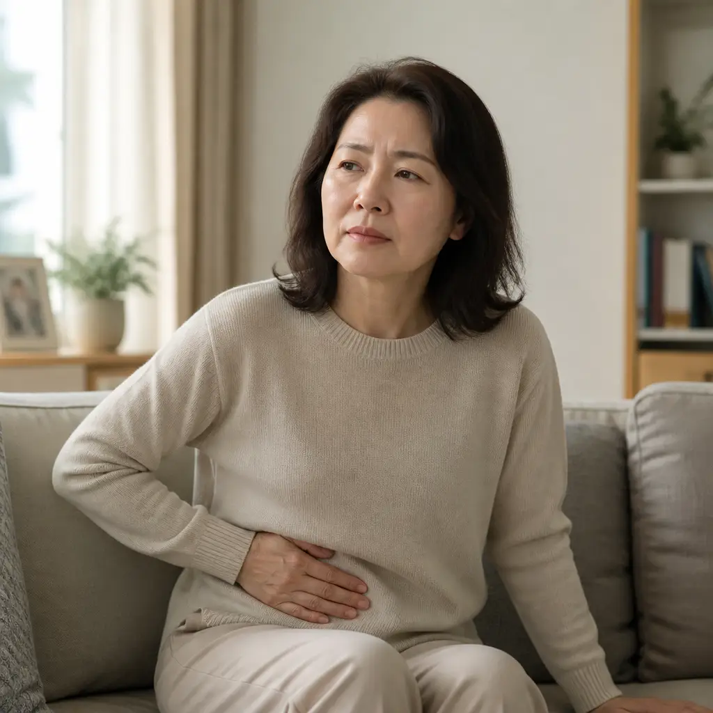 아랫배에 손을 얹고 건강을 걱정하는 모습