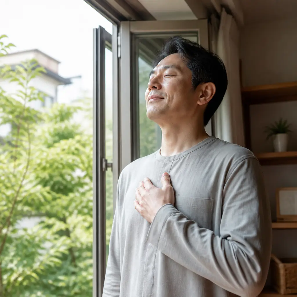 창가에서 깊게 심호흡하며 맑은 공기를 마시는 모습