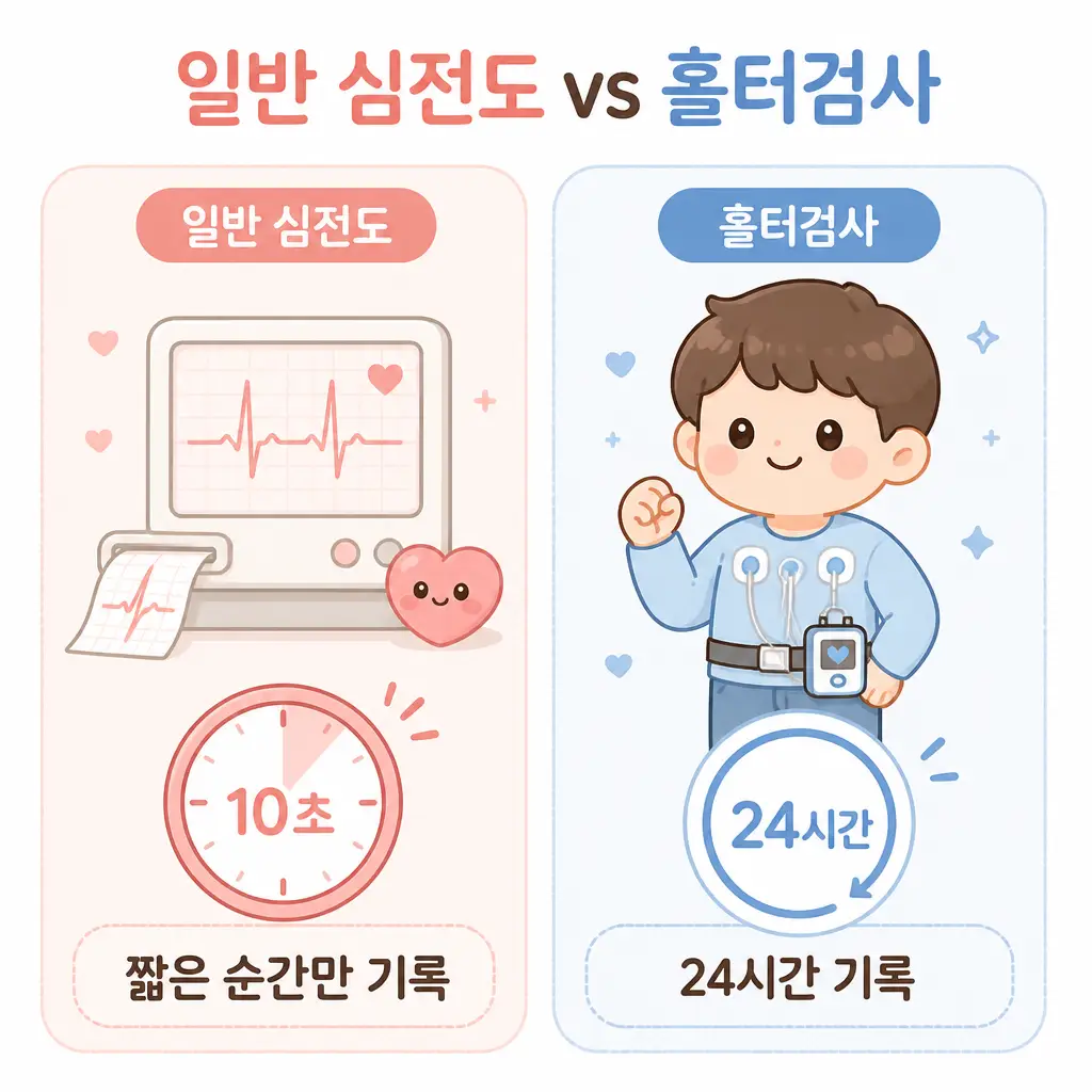 홀터검사 심전도 비교 일반 심전도와 홀터검사 비교 10초 24시간 기록