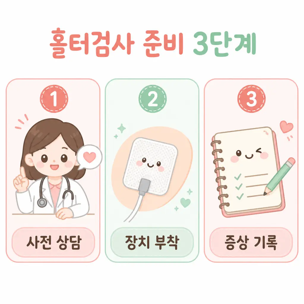 홀터검사 준비 3단계 홀터검사 준비 3단계 사전 상담 장치 부착 증상 기록