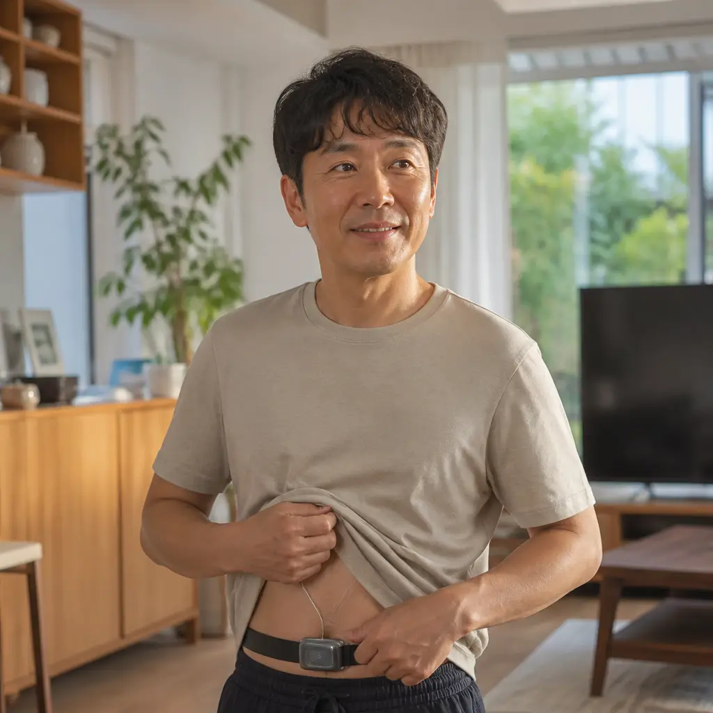 홀터검사 착용 집에서 홀터 모니터를 착용하고 일상생활을 하는 모습