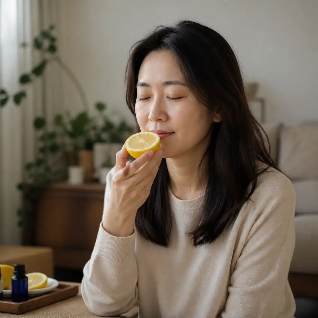 후각 상실 후각 훈련 레몬 향을 맡으며 후각 훈련을 하는 모습