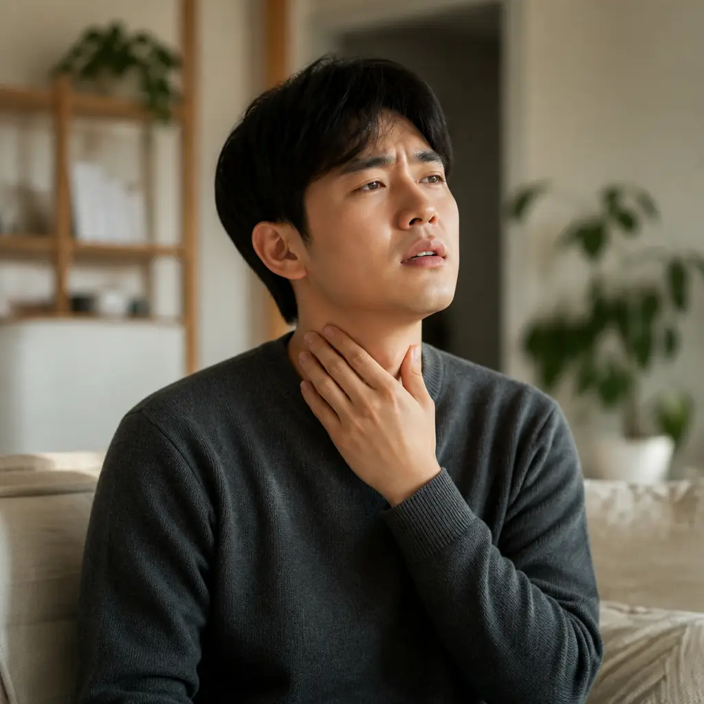 목에 이물감을 느끼며 후비루 증상을 겪는 모습